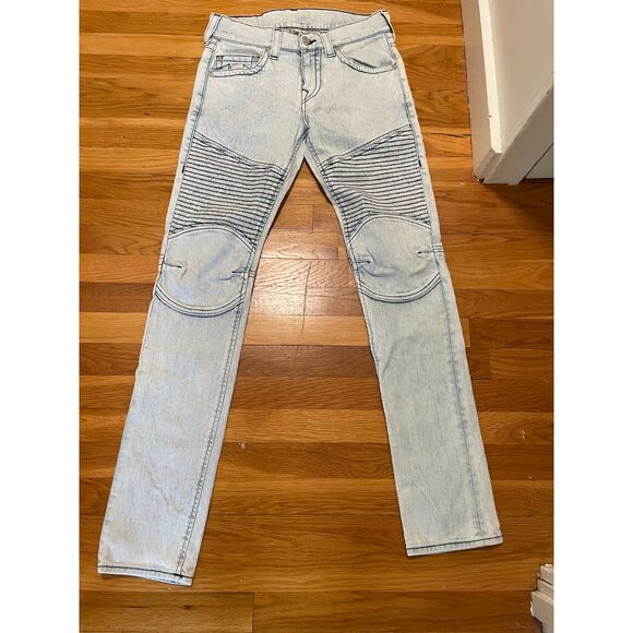 True Religion‎ Men's Skinny Moto Jeans Size 30 Light Wash Denim Biker Style EUC - Picture 1 of 6